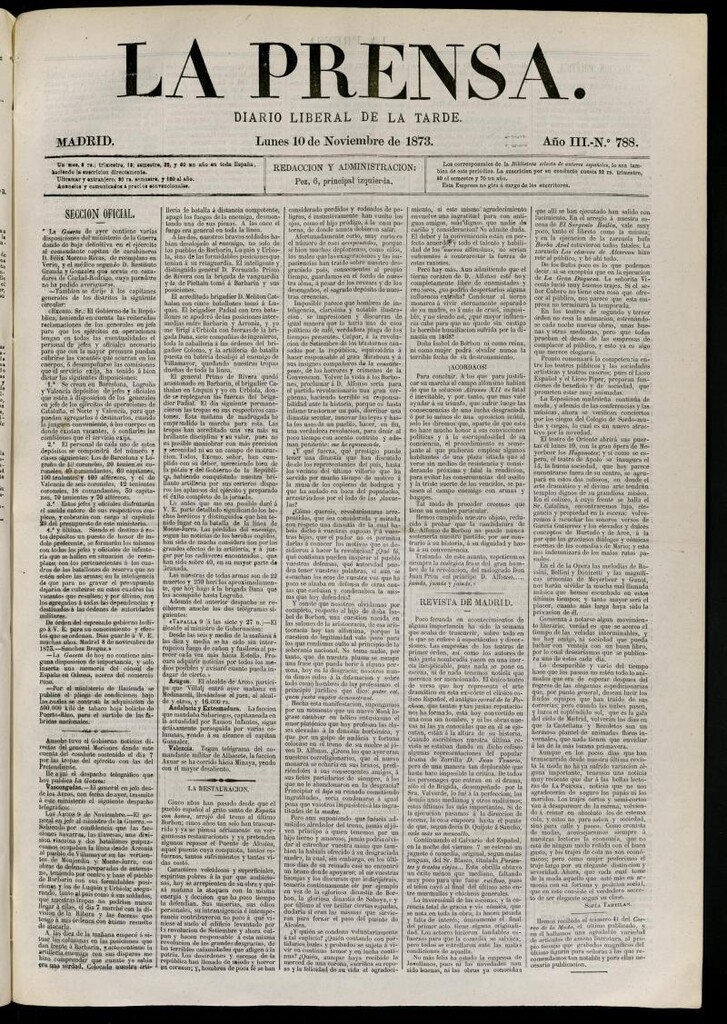 Miniatura de La Prensa : diario de la mañana : político, literario y de noticias del 10 de noviembre de 1873, nº 788