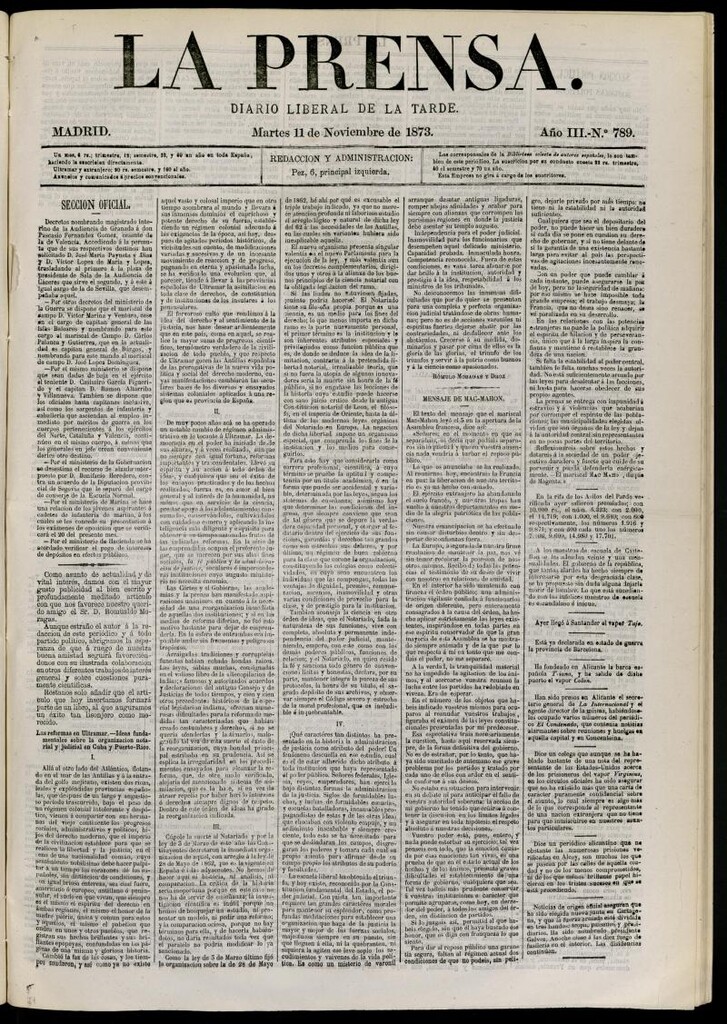 Miniatura de La Prensa : diario de la mañana : político, literario y de noticias del 11 de noviembre de 1873, nº 789