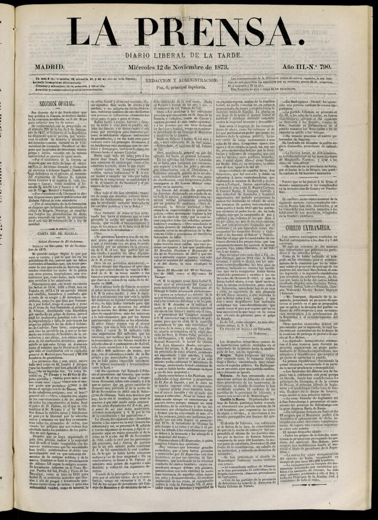 Miniatura de La Prensa : diario de la mañana : político, literario y de noticias del 12 de noviembre de 1873, nº 790