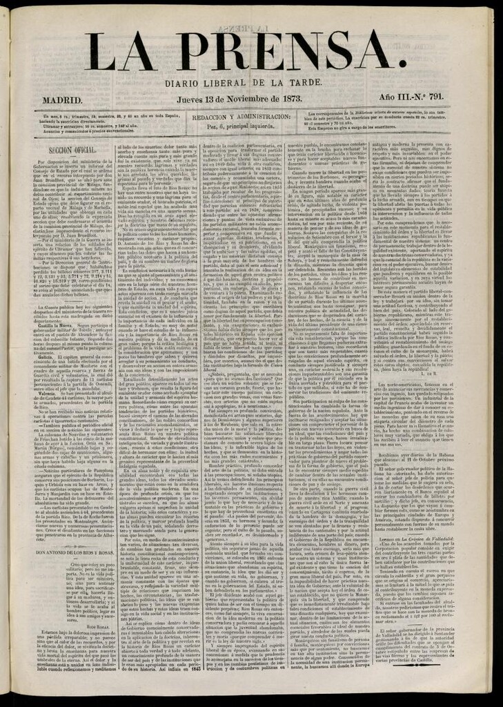 Miniatura de La Prensa : diario de la mañana : político, literario y de noticias del 13 de noviembre de 1873, nº 791