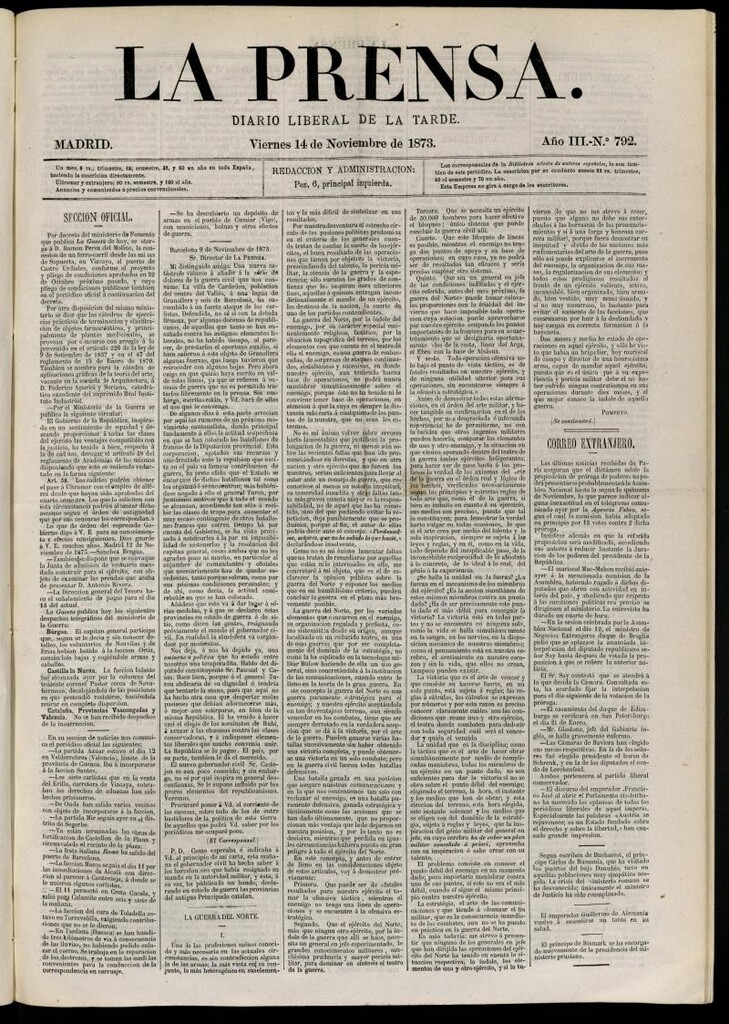 Miniatura de La Prensa : diario de la mañana : político, literario y de noticias del 14 de noviembre de 1873, nº 792