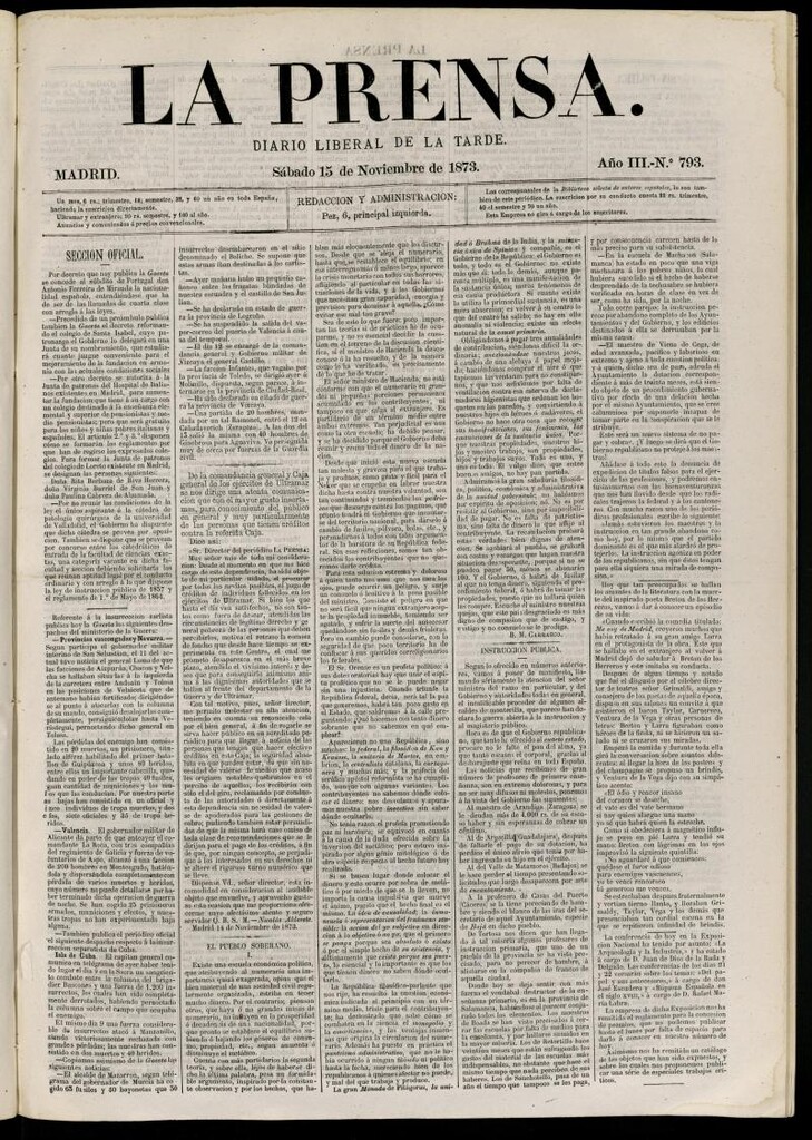 Miniatura de La Prensa : diario de la mañana : político, literario y de noticias del 15 de noviembre de 1873, nº 793