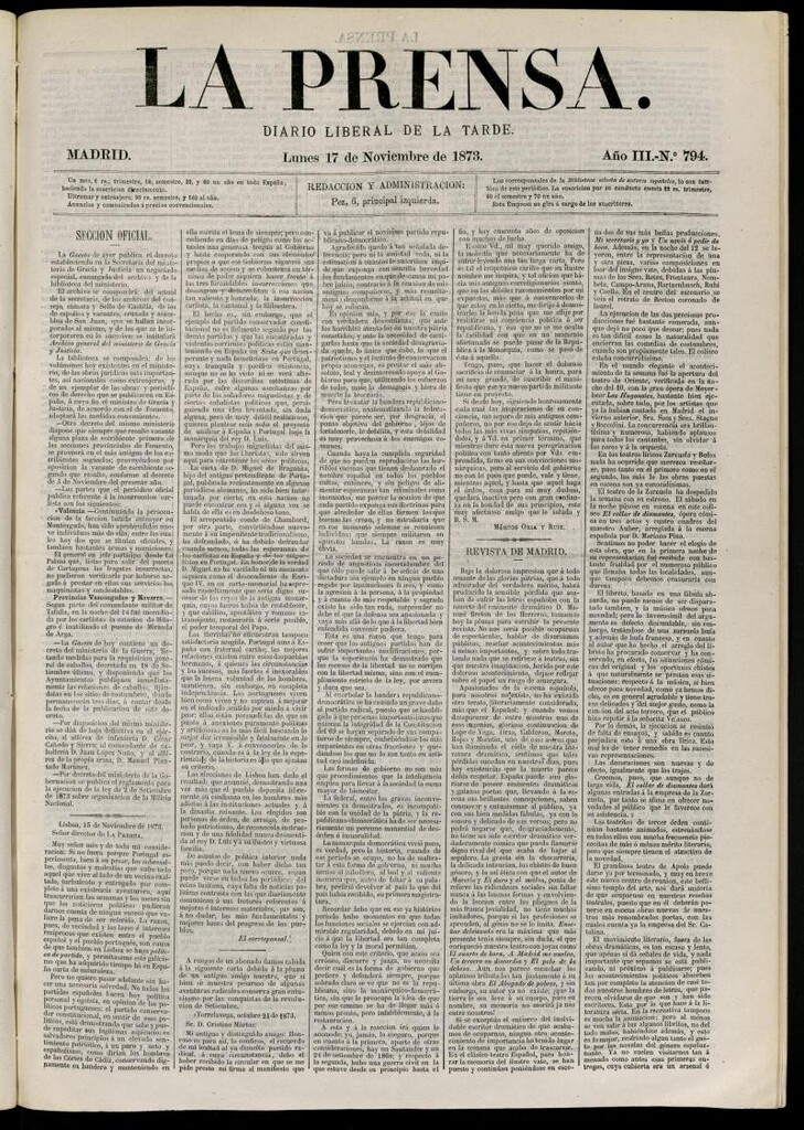 Miniatura de La Prensa : diario de la mañana : político, literario y de noticias del 17 de noviembre de 1873, nº 794