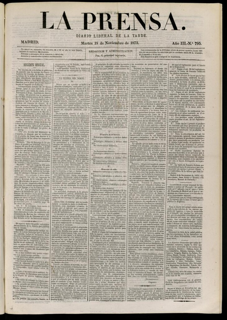 Miniatura de La Prensa : diario de la mañana : político, literario y de noticias del 18 de noviembre de 1873, nº 795