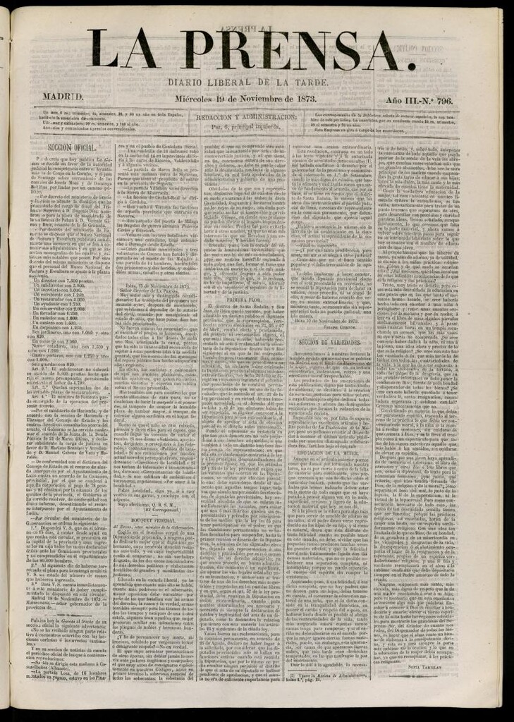 Miniatura de La Prensa : diario de la mañana : político, literario y de noticias del 19 de noviembre de 1873, nº 796