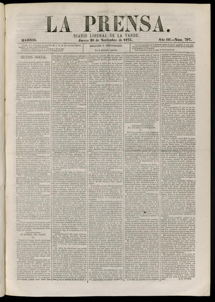 Miniatura de La Prensa : diario de la mañana : político, literario y de noticias del 20 de noviembre de 1873, nº 797