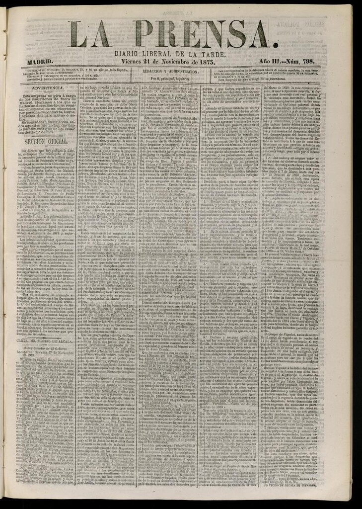 Miniatura de La Prensa : diario de la mañana : político, literario y de noticias del 21 de noviembre de 1873, nº 798
