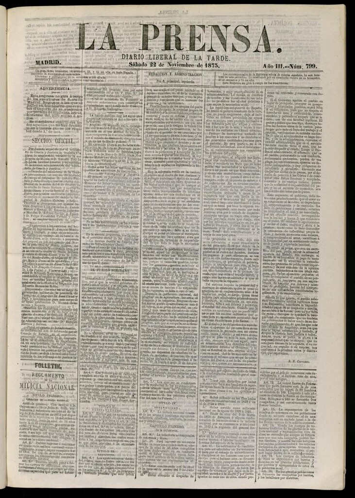 Miniatura de La Prensa : diario de la mañana : político, literario y de noticias del 22 de noviembre de 1873, nº 799