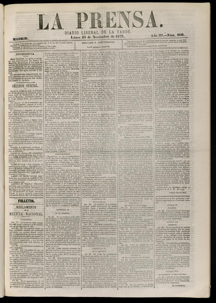 Miniatura de La Prensa : diario de la mañana : político, literario y de noticias del 24 de noviembre de 1873, nº 800
