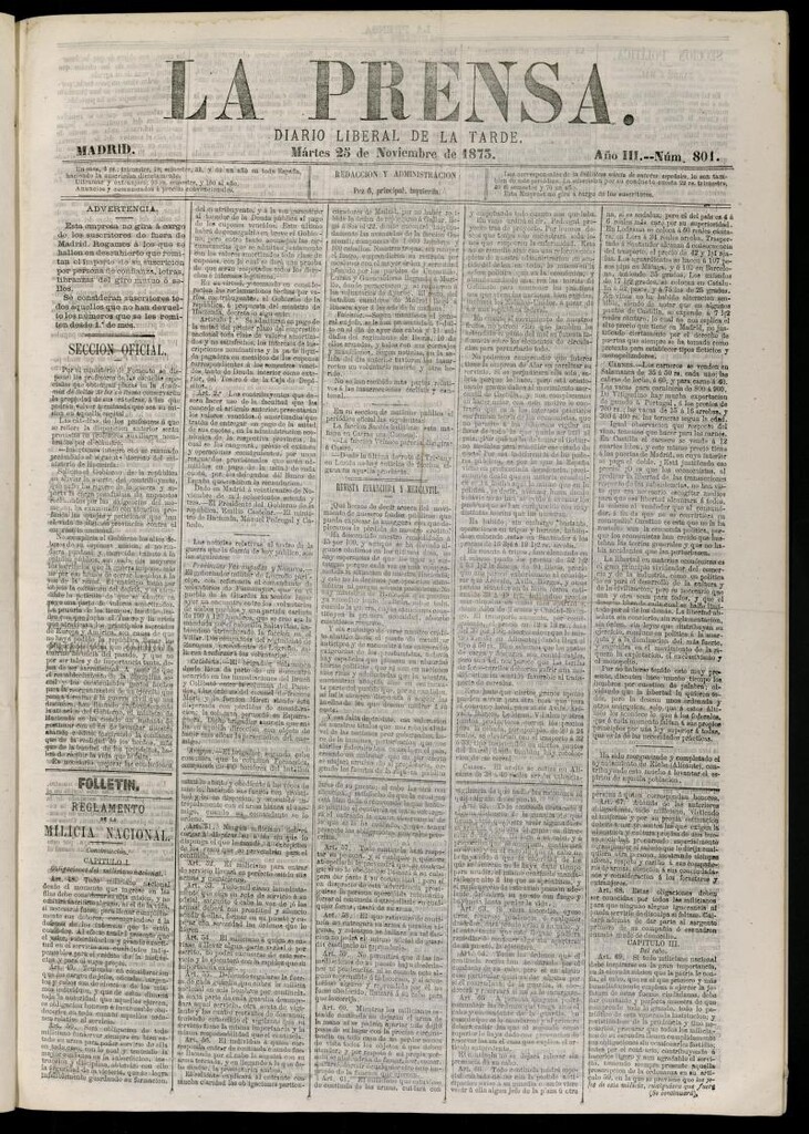 Miniatura de La Prensa : diario de la mañana : político, literario y de noticias del 25 de noviembre de 1873, nº 801