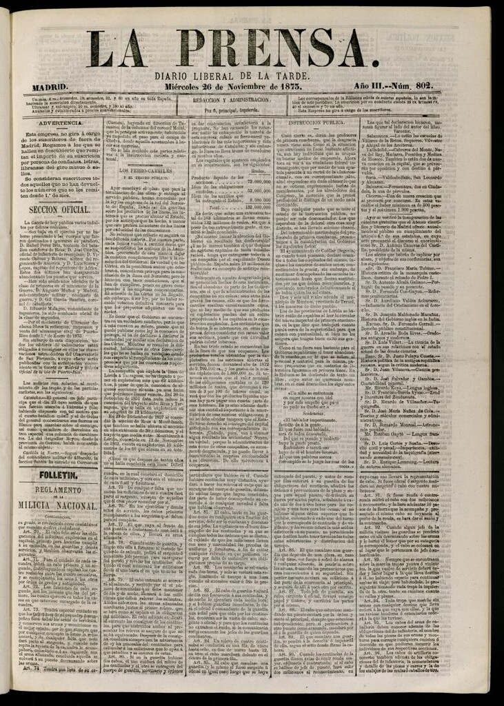 Miniatura de La Prensa : diario de la mañana : político, literario y de noticias del 26 de noviembre de 1873, nº 802