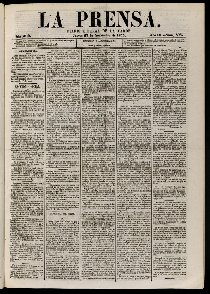Miniatura de La Prensa : diario de la mañana : político, literario y de noticias del 27 de noviembre de 1873, nº 803