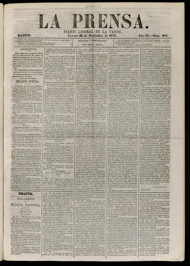 Miniatura de La Prensa : diario de la mañana : político, literario y de noticias del 28 de noviembre de 1873, nº 804