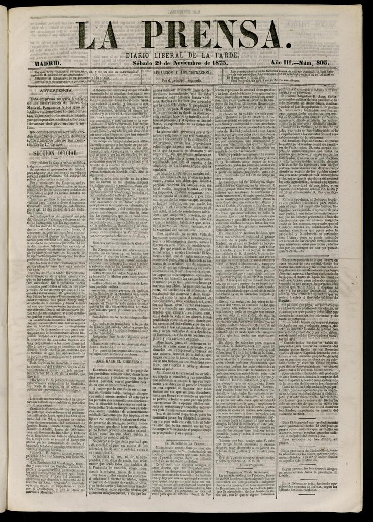 Miniatura de La Prensa : diario de la mañana : político, literario y de noticias del 29 de noviembre de 1873, nº 805