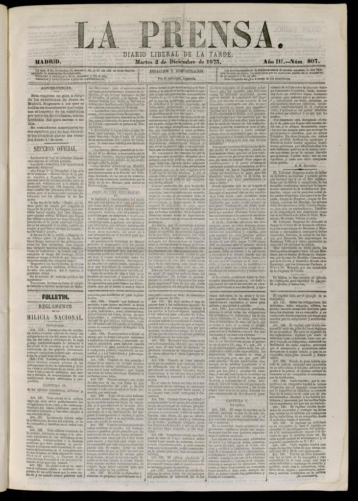 Miniatura de La Prensa : diario de la mañana : político, literario y de noticias del 2 de diciembre de 1873, nº 807