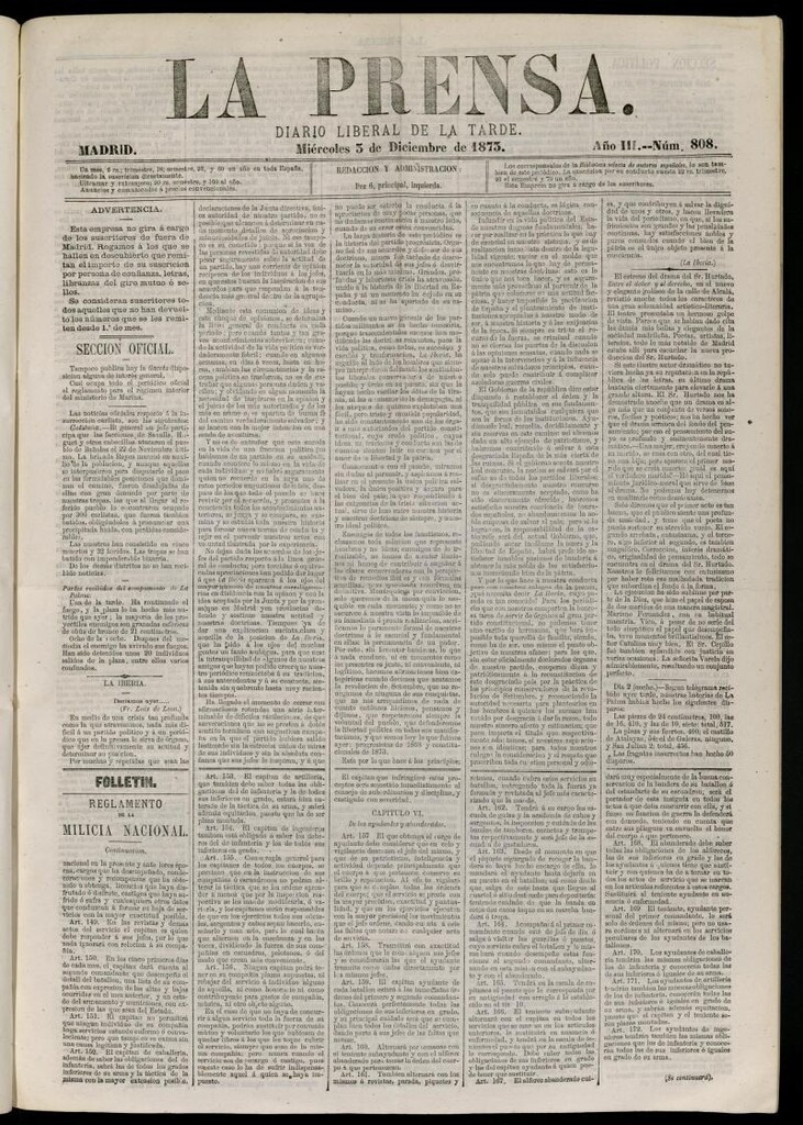 Miniatura de La Prensa : diario de la mañana : político, literario y de noticias del 3 de diciembre de 1873, nº 808