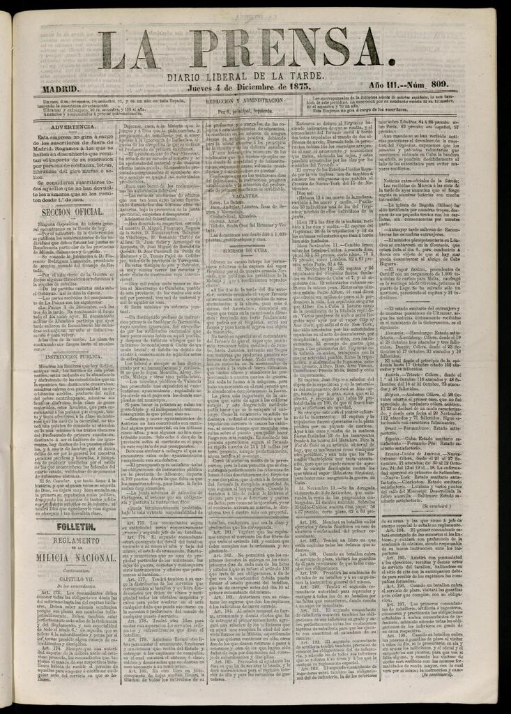 Miniatura de La Prensa : diario de la mañana : político, literario y de noticias del 4 de diciembre de 1873, nº 809