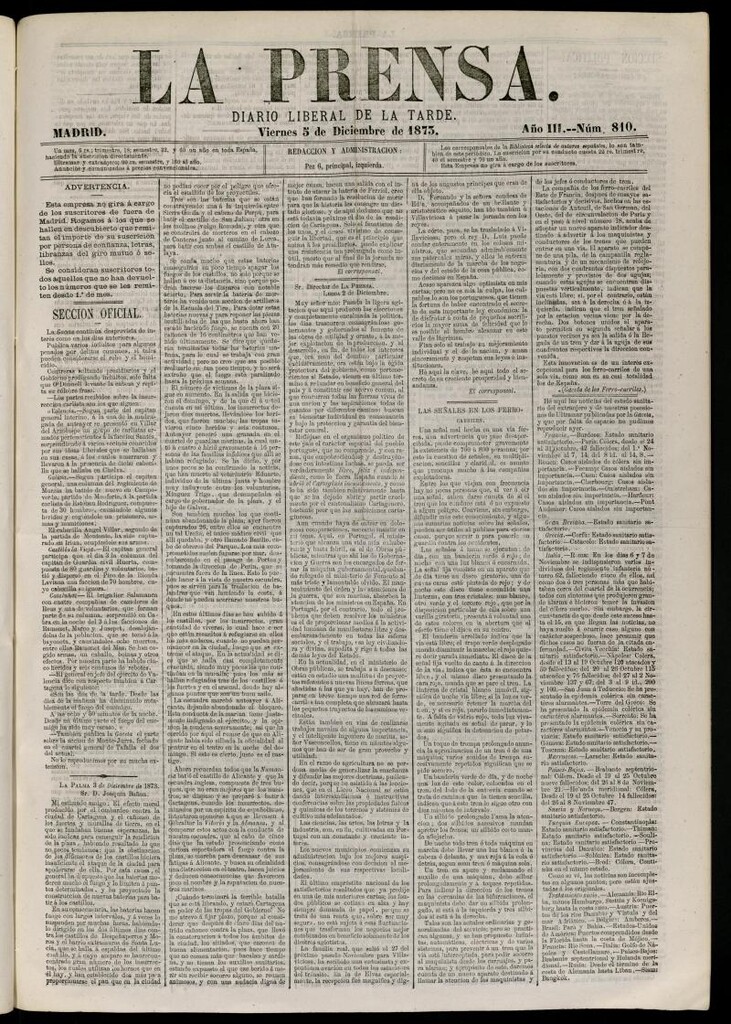 Miniatura de La Prensa : diario de la mañana : político, literario y de noticias del 5 de diciembre de 1873, nº 810