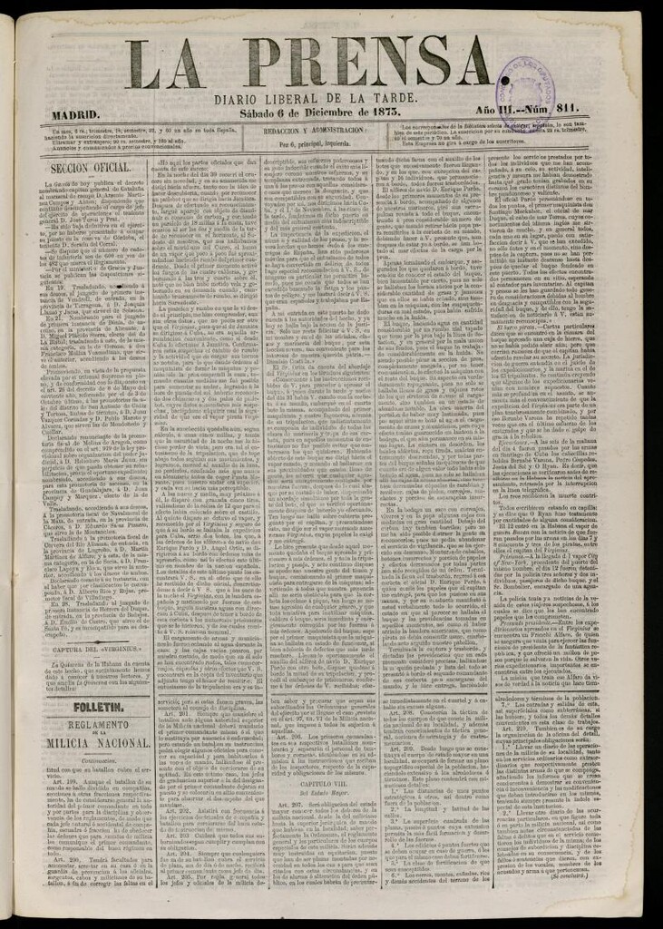 Miniatura de La Prensa : diario de la mañana : político, literario y de noticias del 6 de diciembre de 1873, nº 811