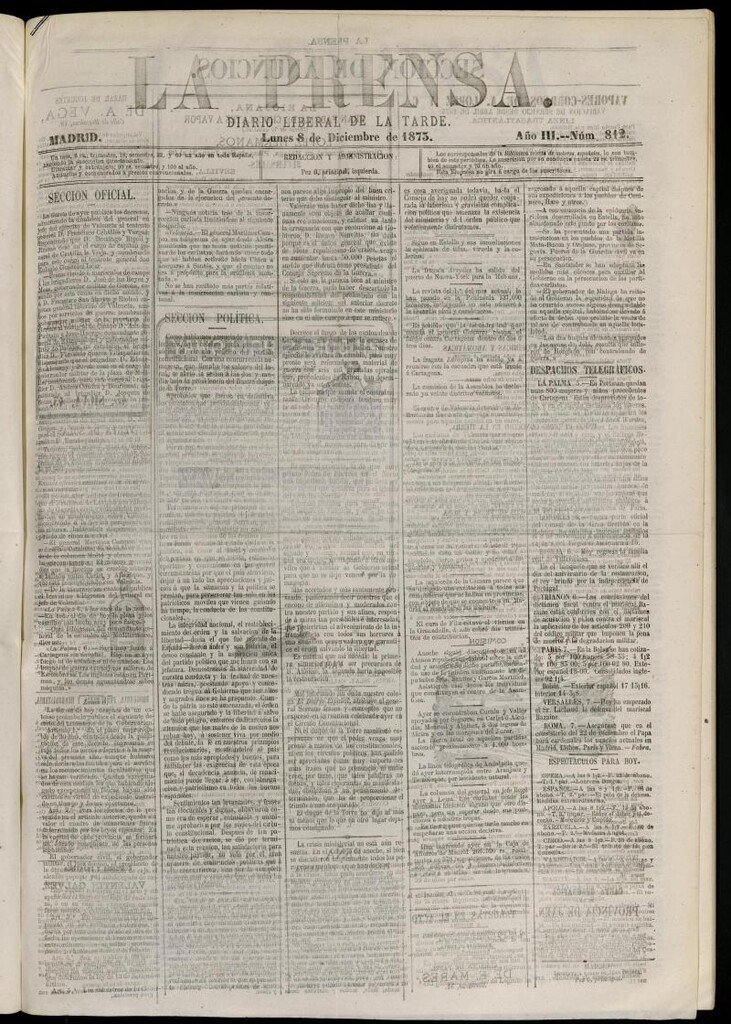Miniatura de La Prensa : diario de la mañana : político, literario y de noticias del 8 de diciembre de 1873, nº 812