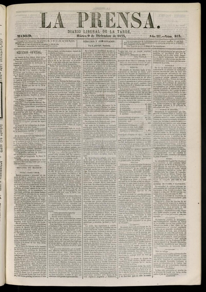 Miniatura de La Prensa : diario de la mañana : político, literario y de noticias del 9 de diciembre de 1873, nº 813