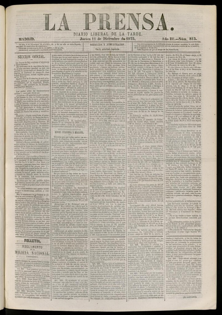 Miniatura de La Prensa : diario de la mañana : político, literario y de noticias del 11 de diciembre de 1873, nº 815