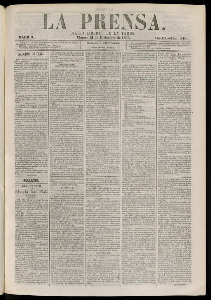 Miniatura de La Prensa : diario de la mañana : político, literario y de noticias del 12 de diciembre de 1873, nº 816