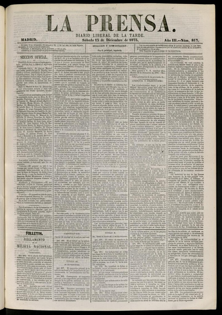 Miniatura de La Prensa : diario de la mañana : político, literario y de noticias del 13 de diciembre de 1873, nº 817