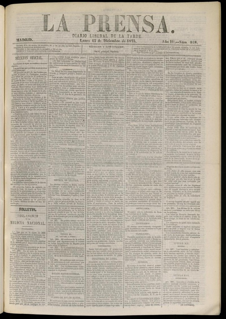 Miniatura de La Prensa : diario de la mañana : político, literario y de noticias del 15 de diciembre de 1873, nº 818