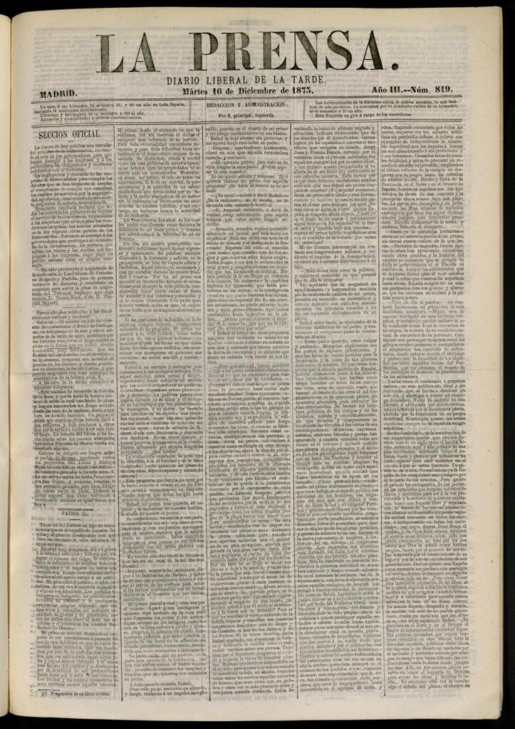 Miniatura de La Prensa : diario de la mañana : político, literario y de noticias del 16 de diciembre de 1873, nº 819