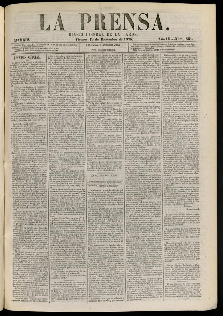Miniatura de La Prensa : diario de la mañana : político, literario y de noticias del 19 de diciembre de 1873, nº 821[sic]