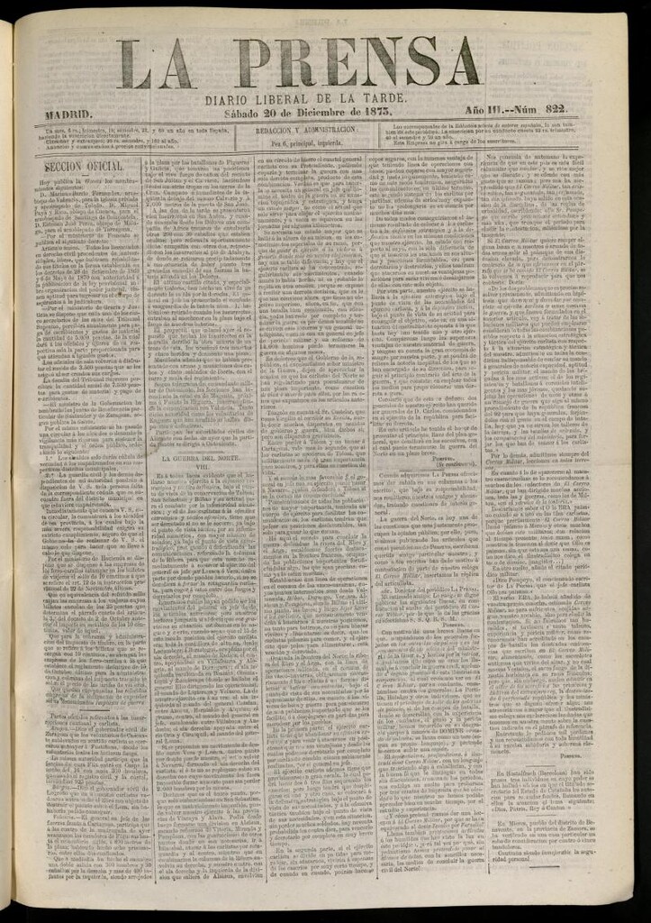 Miniatura de La Prensa : diario de la mañana : político, literario y de noticias del 20 de diciembre de 1873, nº 822