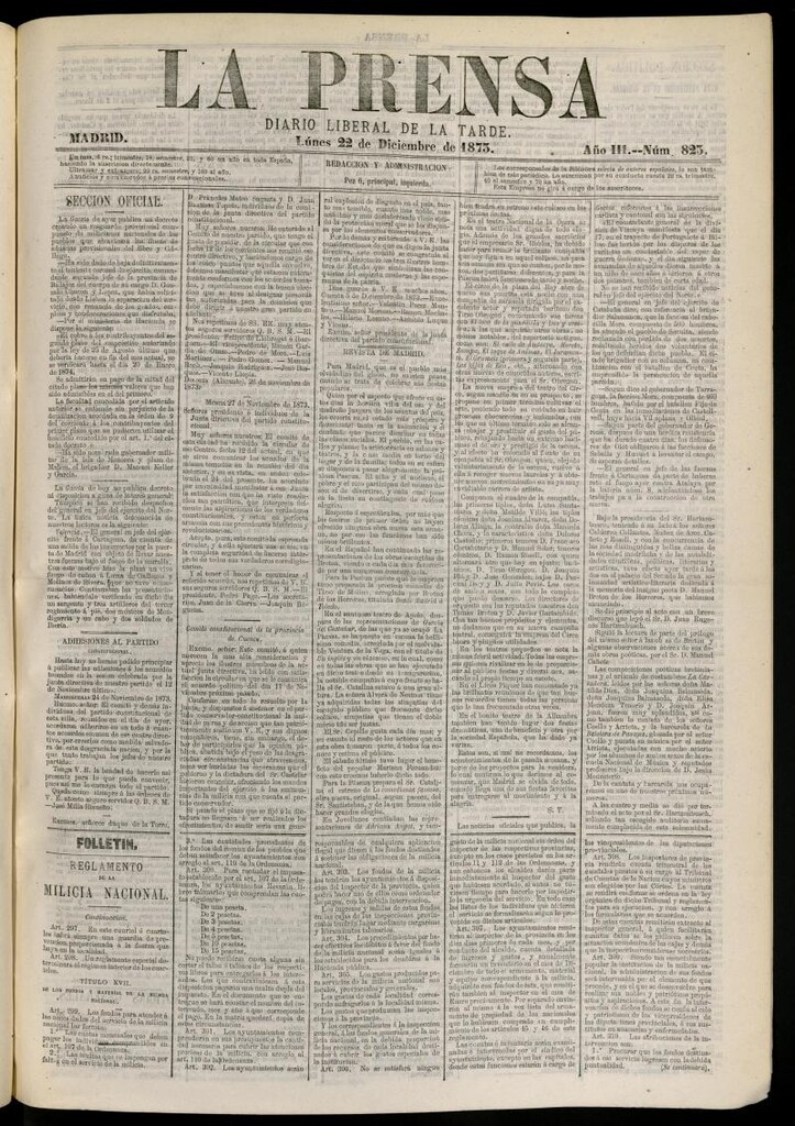 Miniatura de La Prensa : diario de la mañana : político, literario y de noticias del 22 de diciembre de 1873, nº 823