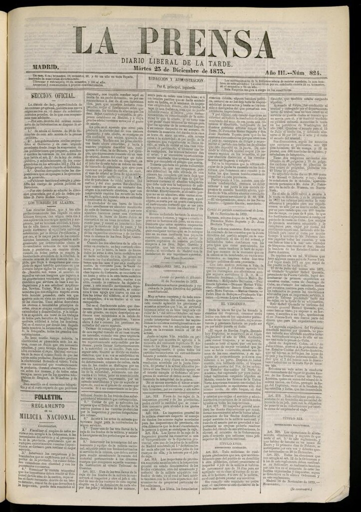 Miniatura de La Prensa : diario de la mañana : político, literario y de noticias del 23 de diciembre de 1873, nº 824
