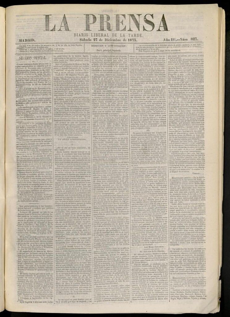 Miniatura de La Prensa : diario de la mañana : político, literario y de noticias del 27 de diciembre de 1873, nº 827
