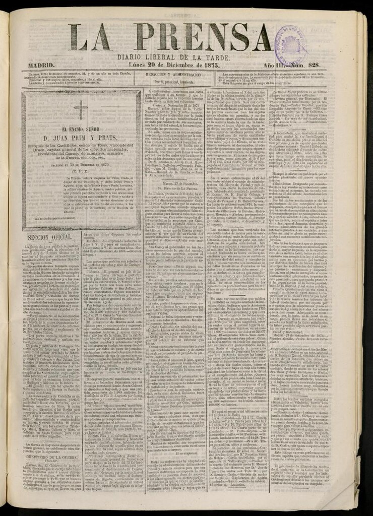 Miniatura de La Prensa : diario de la mañana : político, literario y de noticias del 29 de diciembre de 1873, nº 828