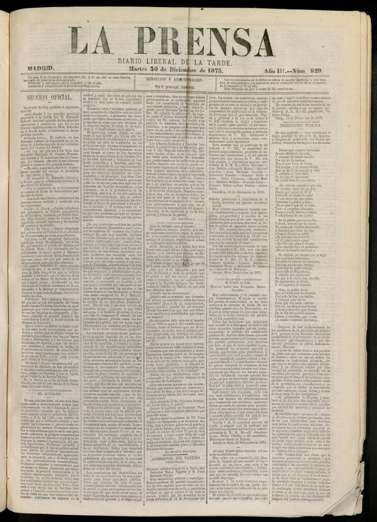 Miniatura de La Prensa : diario de la mañana : político, literario y de noticias del 30 de diciembre de 1873, nº 829