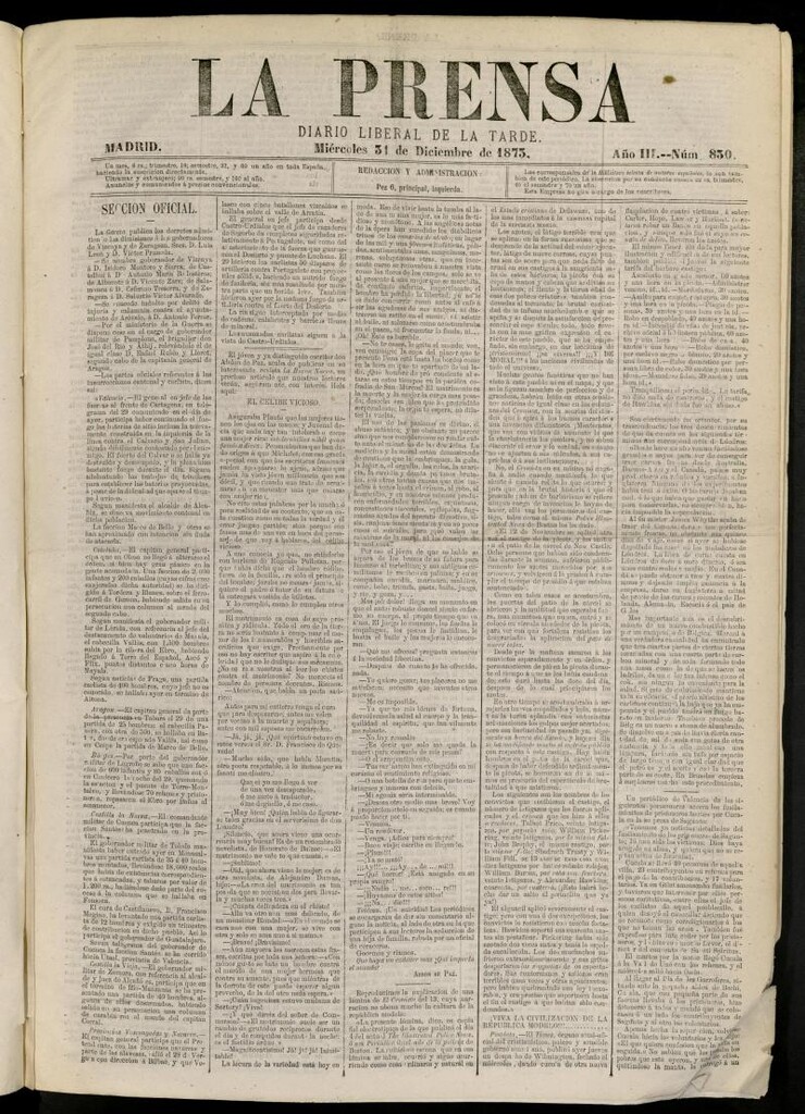 Miniatura de La Prensa : diario de la mañana : político, literario y de noticias del 31 de diciembre de 1873, nº 830