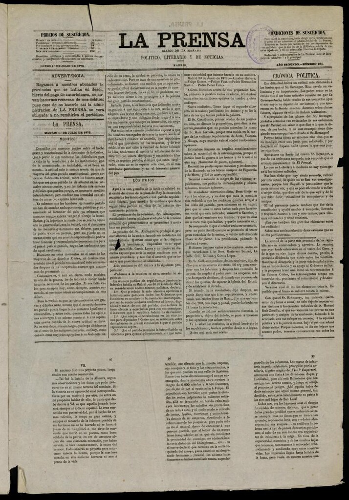 Miniatura de La Prensa : diario de la mañana : político, literario y de noticias del 1 de julio de 1872, nº 385