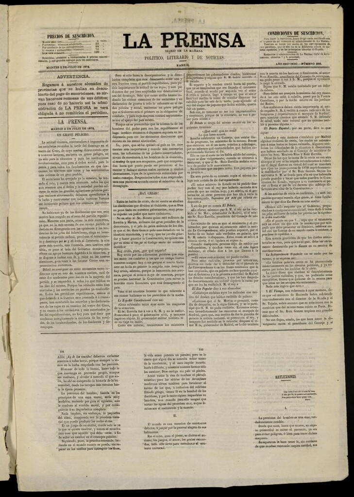 Miniatura de La Prensa : diario de la mañana : político, literario y de noticias del 2 de julio de 1872, nº 386