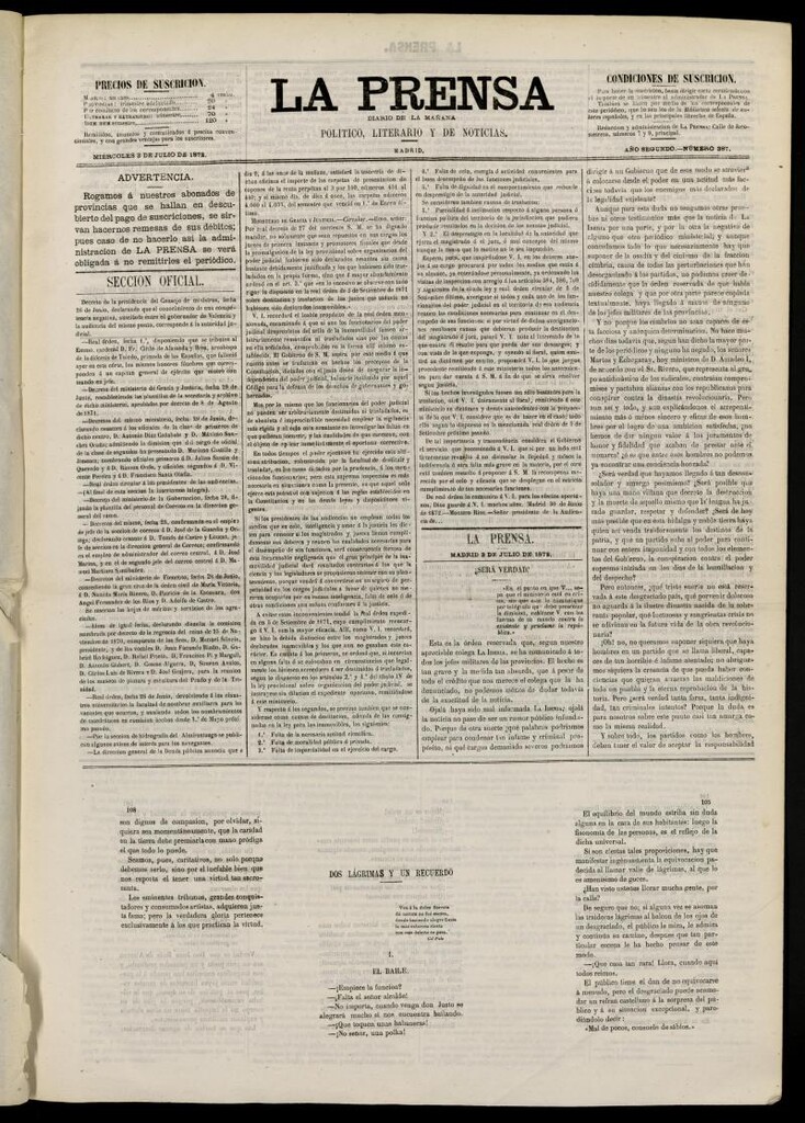 Miniatura de La Prensa : diario de la mañana : político, literario y de noticias del 3 de julio de 1872, nº 387