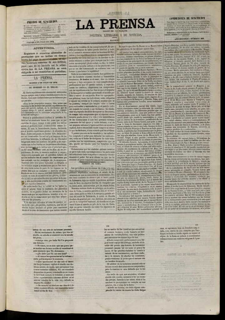 Miniatura de La Prensa : diario de la mañana : político, literario y de noticias del 4 de julio de 1872, nº 388