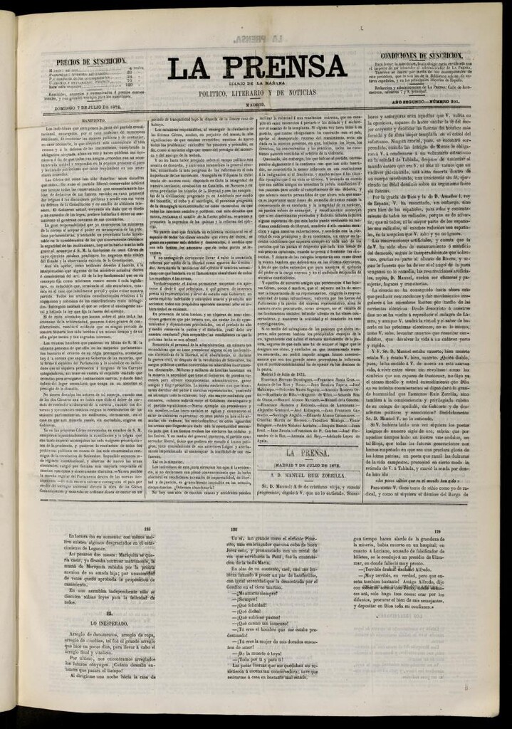 Miniatura de La Prensa : diario de la mañana : político, literario y de noticias del 7 de julio de 1872, nº 391