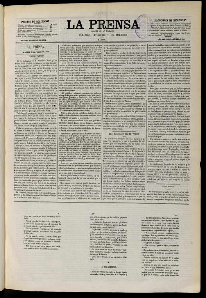 Miniatura de La Prensa : diario de la mañana : político, literario y de noticias del 9 de julio de 1872, nº 392