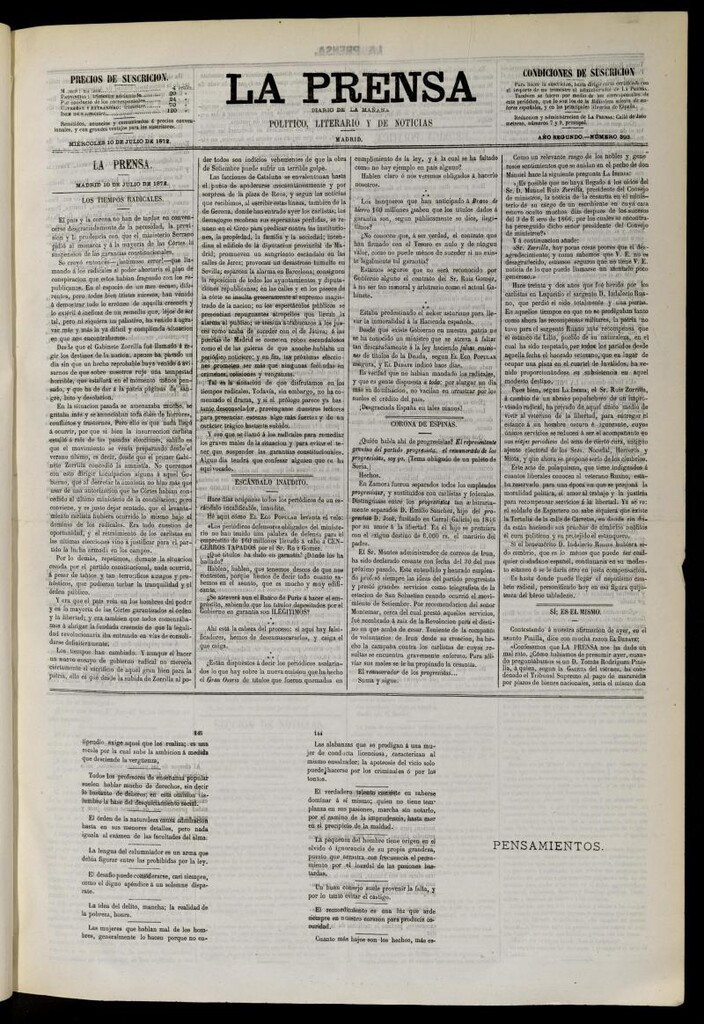 Miniatura de La Prensa : diario de la mañana : político, literario y de noticias del 10 de julio de 1872, nº 393