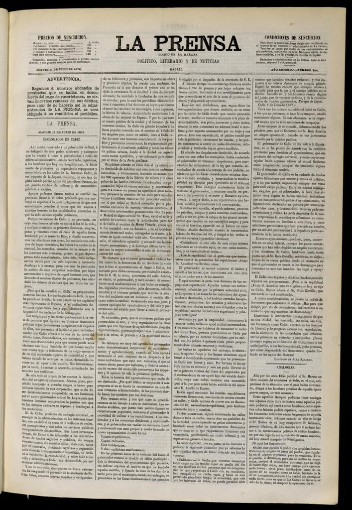Miniatura de La Prensa : diario de la mañana : político, literario y de noticias del 11 de julio de 1872, nº 394