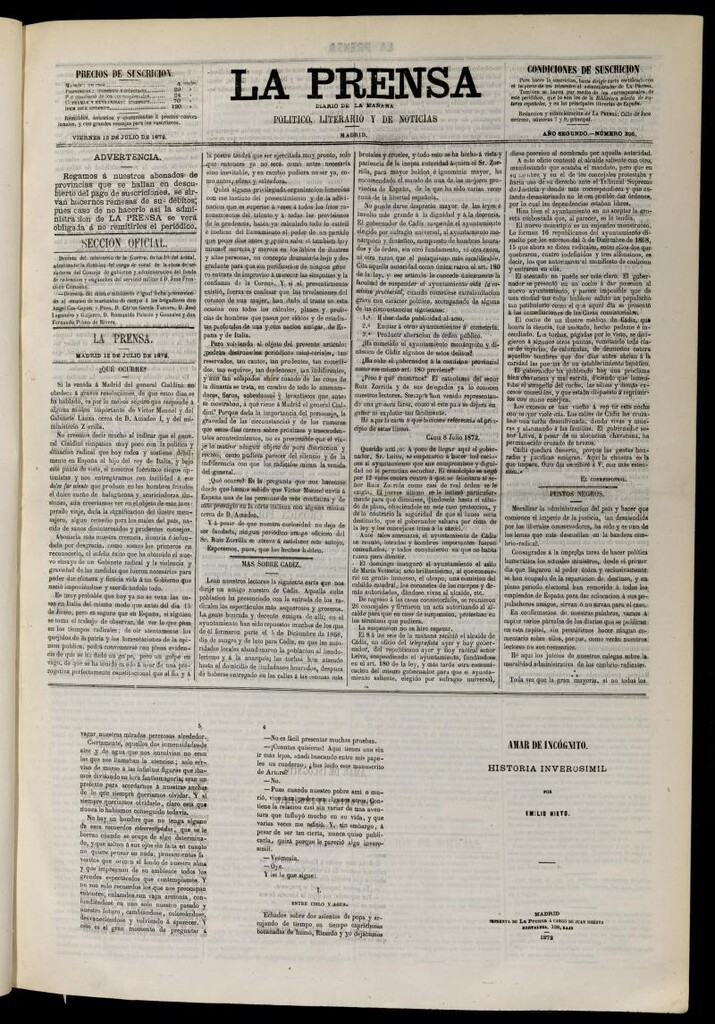 Miniatura de La Prensa : diario de la mañana : político, literario y de noticias del 12 de julio de 1872, nº 395