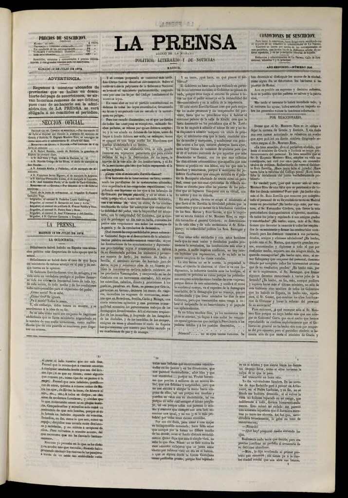 Miniatura de La Prensa : diario de la mañana : político, literario y de noticias del 13 de julio de 1872, nº 396