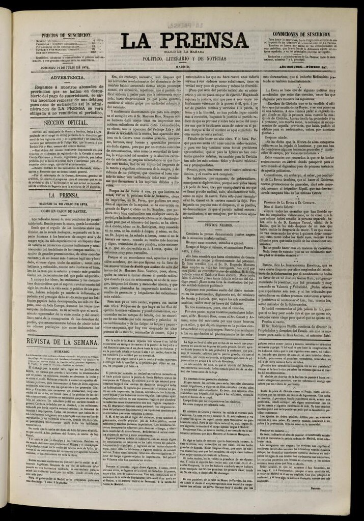Miniatura de La Prensa : diario de la mañana : político, literario y de noticias del 14 de julio de 1872, nº 397