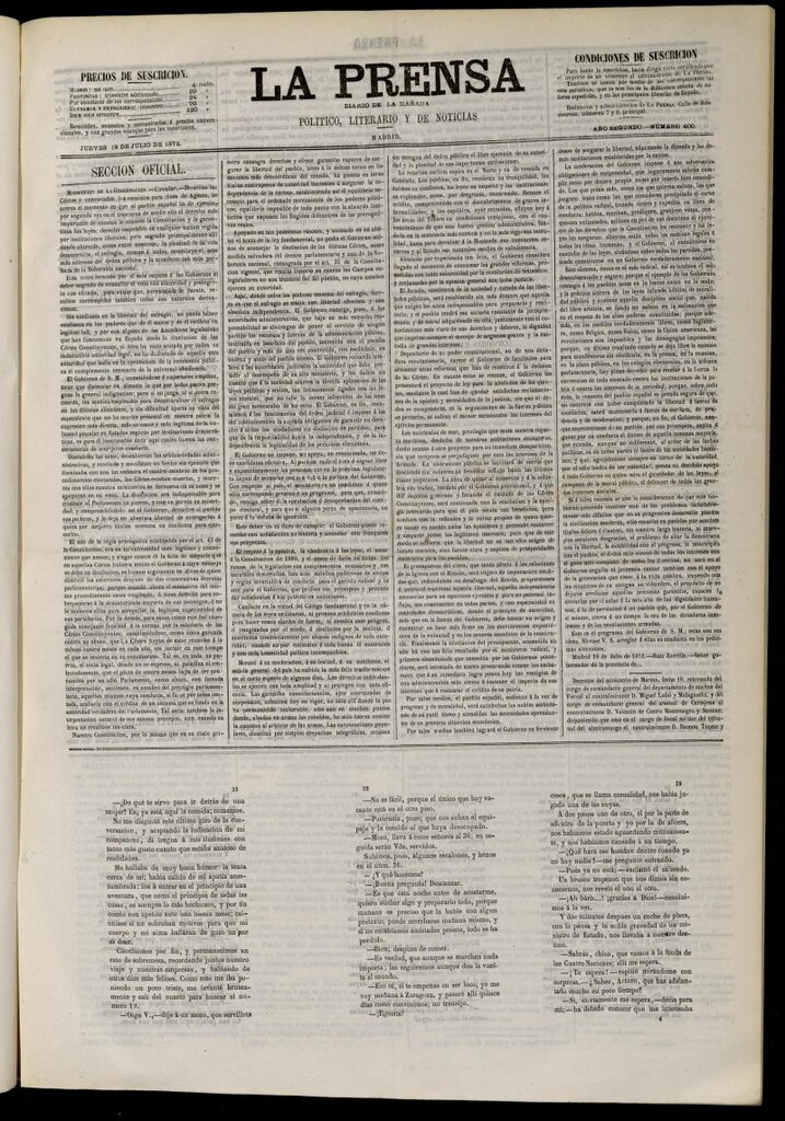 Miniatura de La Prensa : diario de la mañana : político, literario y de noticias del 18 de julio de 1872, nº 400